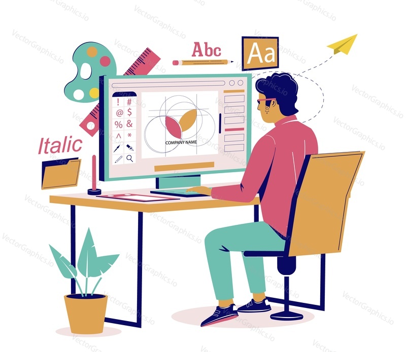 Graphic designer creating logo design using computer software sitting at desk, vector flat isometric illustration. Workspace of digital artist, illustrator, graphic design creative professional.