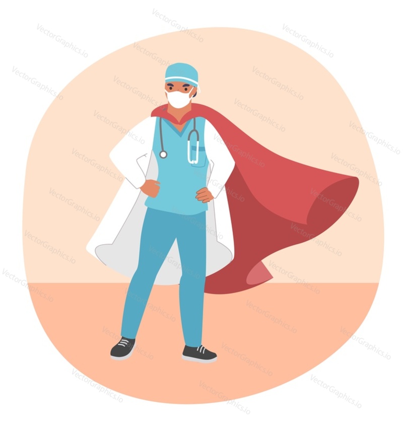 Doctor super hero wearing medical face mask and red cloak, flat vector illustration. Brave doctor ready to fight against corona virus disease covid-19.