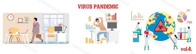 Вирусная пандемия, векторная плоская изолированная иллюстрация. Медицинское обслуживание, лабораторные исследования, правила карантина и профилактические меры, самоизоляция и работа из дома. Профилактика коронавирусного заболевания COVID-19