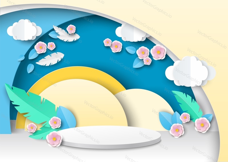 White round display podium, layered paper cut flowers, leaves, vector illustration. Floral background for product advertising poster, banner, flyer etc.