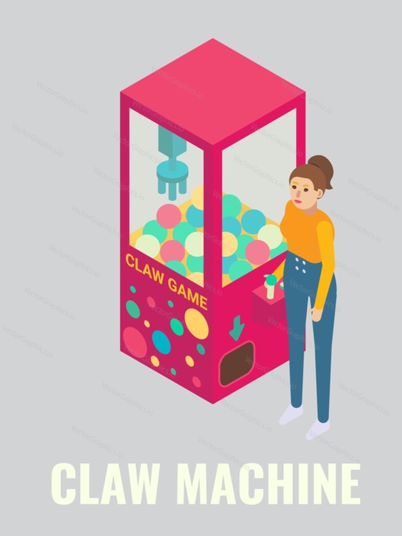 Young woman playing claw machine arcade game, flat vector isometric illustration. Game club, room, zone attractions, fun activities, entertainment. Arcade gaming.