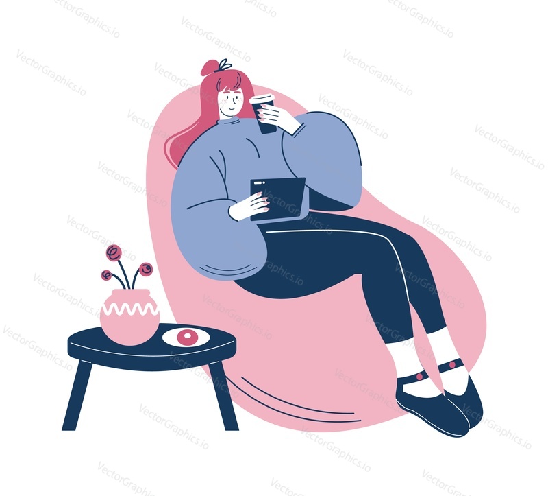 Happy woman taking rest, enjoying coffee to go sitting in bean bag chair, flat vector illustration. Coffee break. Tea time.