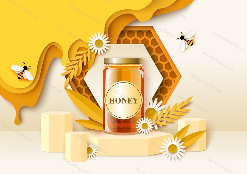 Honey packaging glass jar mockup on display podium, paper cut background with cute bees, daisy flowers, honeycombs, vector illustration. Natural sweet syrup, organic honey, healthy food ads template.