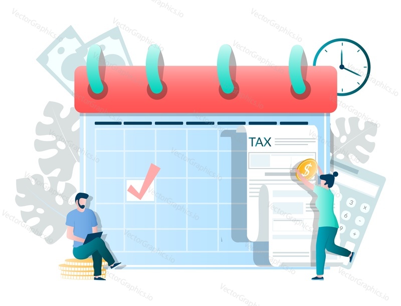 Calendar with tax deadline check mark, tiny characters filing tax form, making payments, flat vector illustration. Tax day reminder, taxation concept.