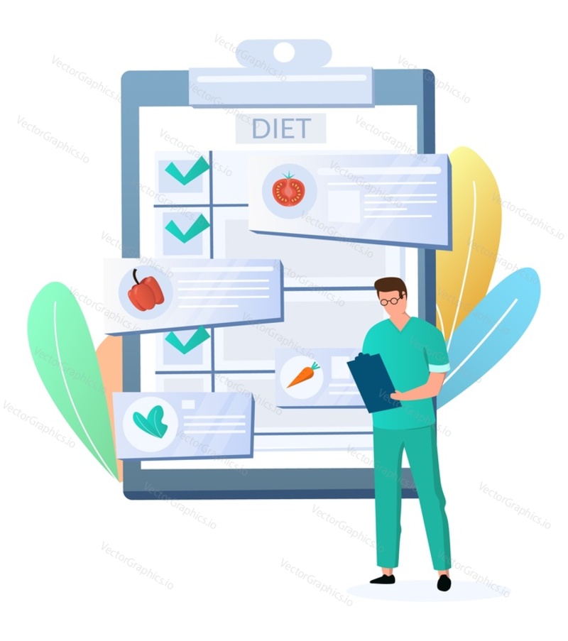 Doctor nutritionist, dietician with diet program clipboard, flat vector illustration. Vegan diet plans, healthy eating concept.