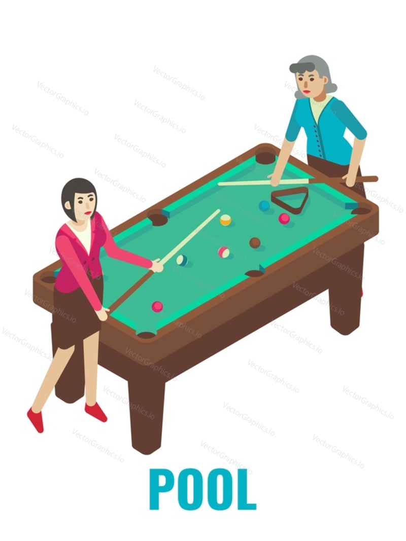 Two women playing billiard, arcade pool game, flat vector isometric illustration. Game club, room, zone attractions, fun activities, entertainment. Arcade gaming.