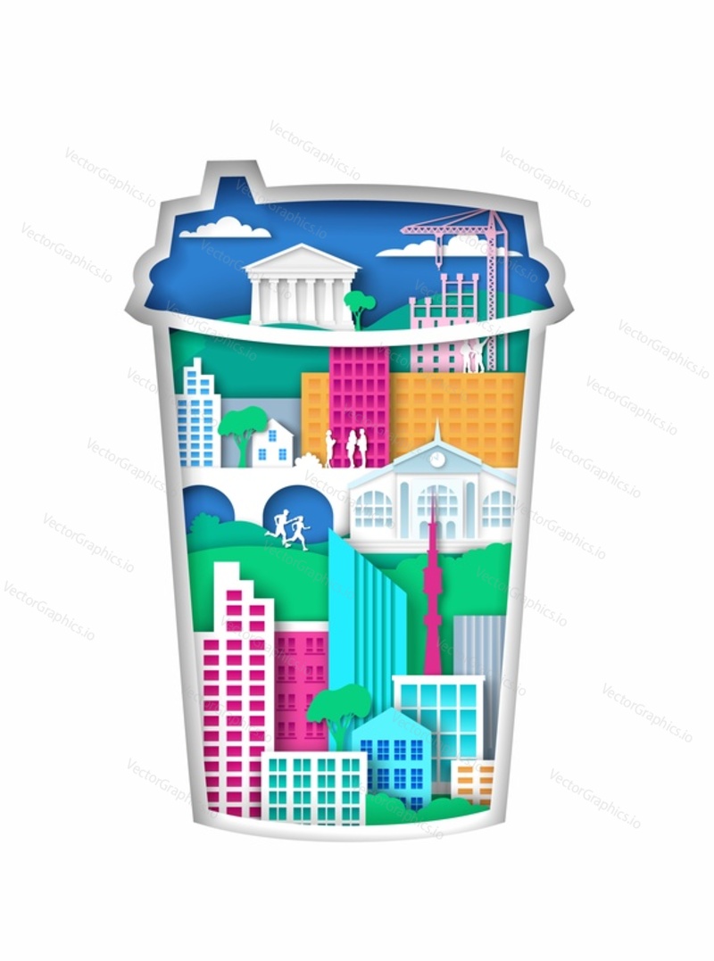 Takeaway coffee cup silhouette with modern city elements, vector illustration in paper art style. Coffee to go concept.
