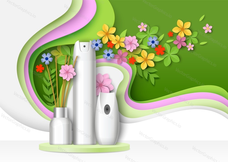 White blank air freshener packaging bottle, aroma stick mockup set on display podium, paper cut floral background, vector illustration. Air freshener household chemical ads template.