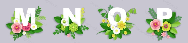 Floral alphabet, vector illustration in paper art style. M, N, O, P English alphabet capital letters with beautiful exotic tropical leaves and flowers.