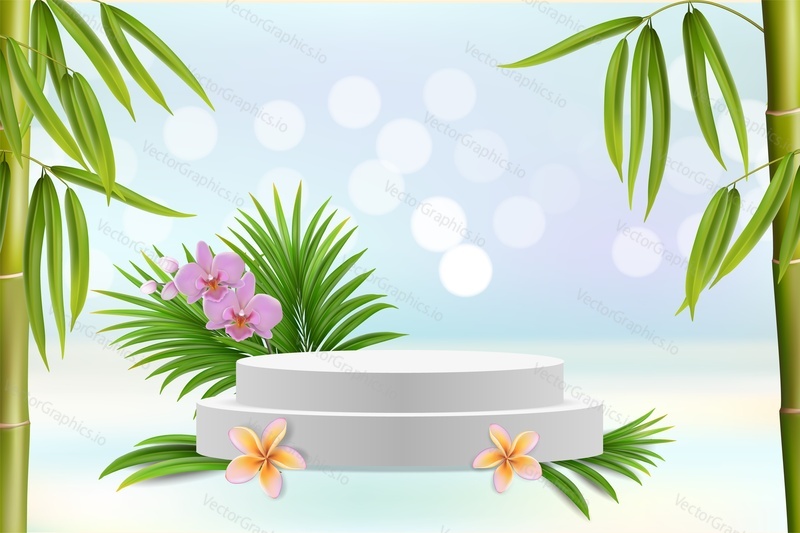 White round display podium, exotic flowers, bamboo, palm tree leaves, vector illustration. Tropical floral background for product advertising poster, banner, flyer etc.
