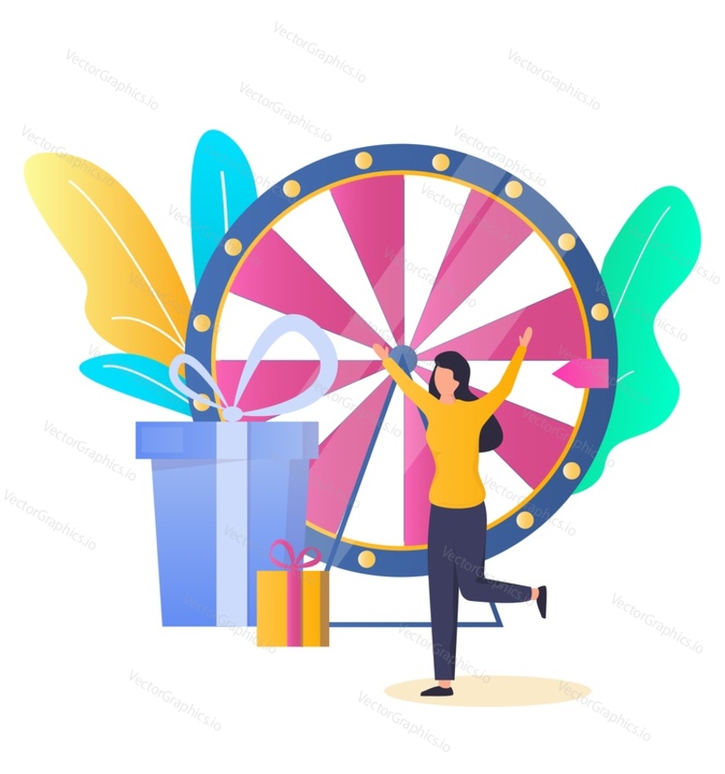 Lucky woman, Fortune wheel game winner getting prize, flat vector illustration. Tv game show, casino and gambling concept.