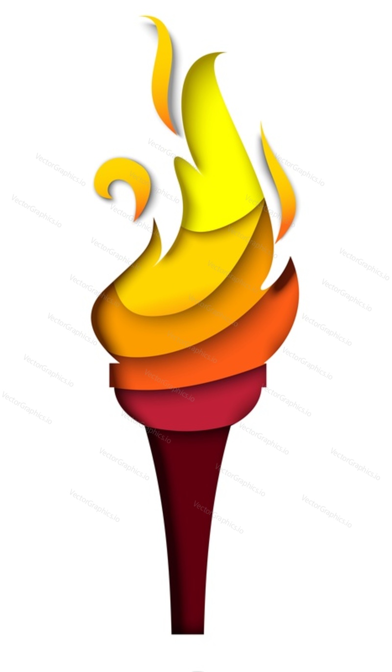 Layered paper cut craft style sport flaming torch silhouette, vector illustration. Sport competition torch relay opening ceremony.