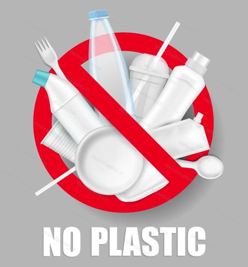 Red stop sign with plastic bottles, plates, cups, spoon, fork, vector illustration. No plastic pollution. Save environment.