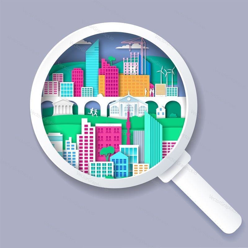 Magnifying glass with city elements inside, vector illustration in paper art style. Search for house, real estate concept.