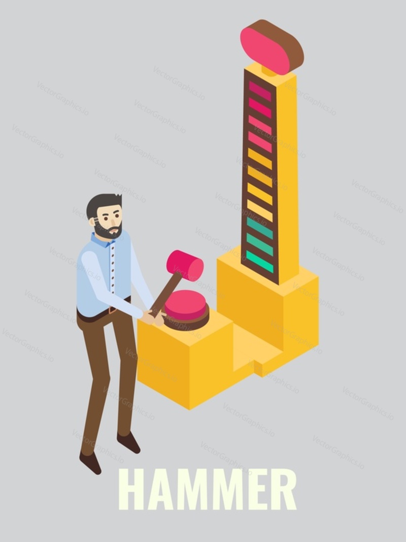 Hummer arcade game machine. Young man testing his physical strength, flat vector isometric illustration. Game club, room, zone attractions, fun activities, entertainment. Arcade gaming.