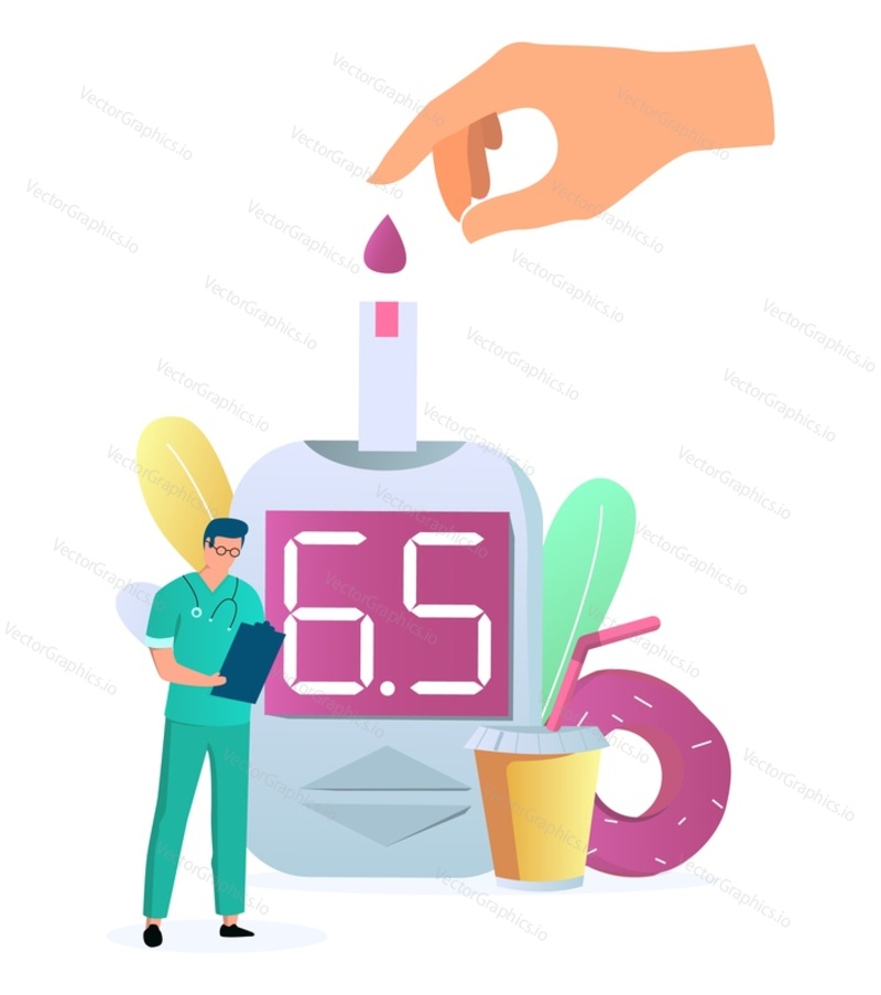 Blood sugar level test with glucometer, diabetes insulin control device, meter, flat vector illustration. Diabetes mellitus diagnosis, blood glucose monitoring.