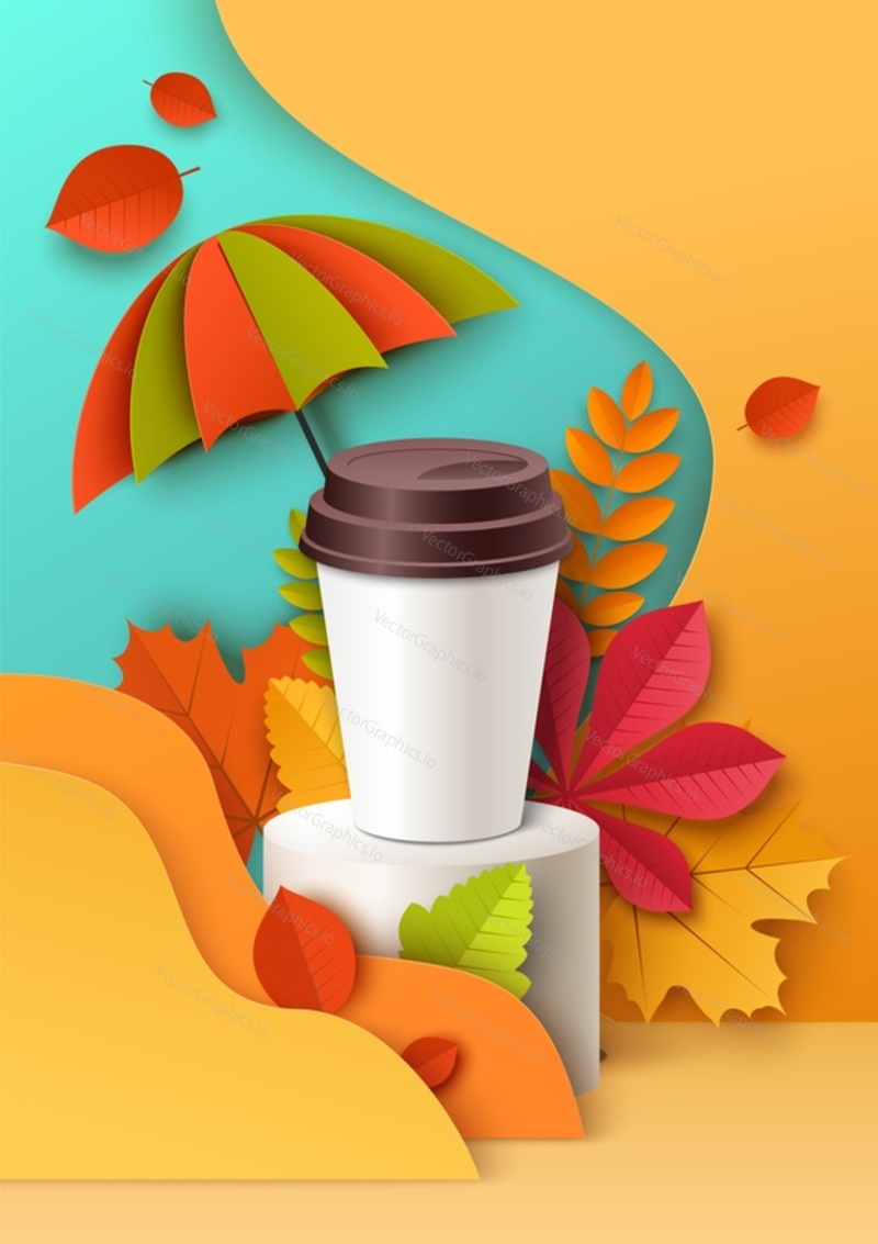 Takeaway coffee, tea cup ads template, vector illustration. Blank plastic disposable cup realistic mockup on display podium, paper cut autumn season background with red and yellow leaves, umbrella.