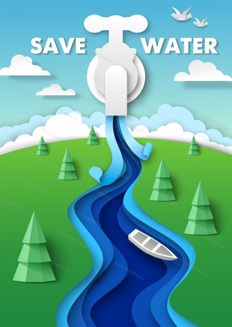 Save water poster design template. Layered paper cut boat floating on water coming out of faucet, vector illustration. Clean, fresh water is limited resource.