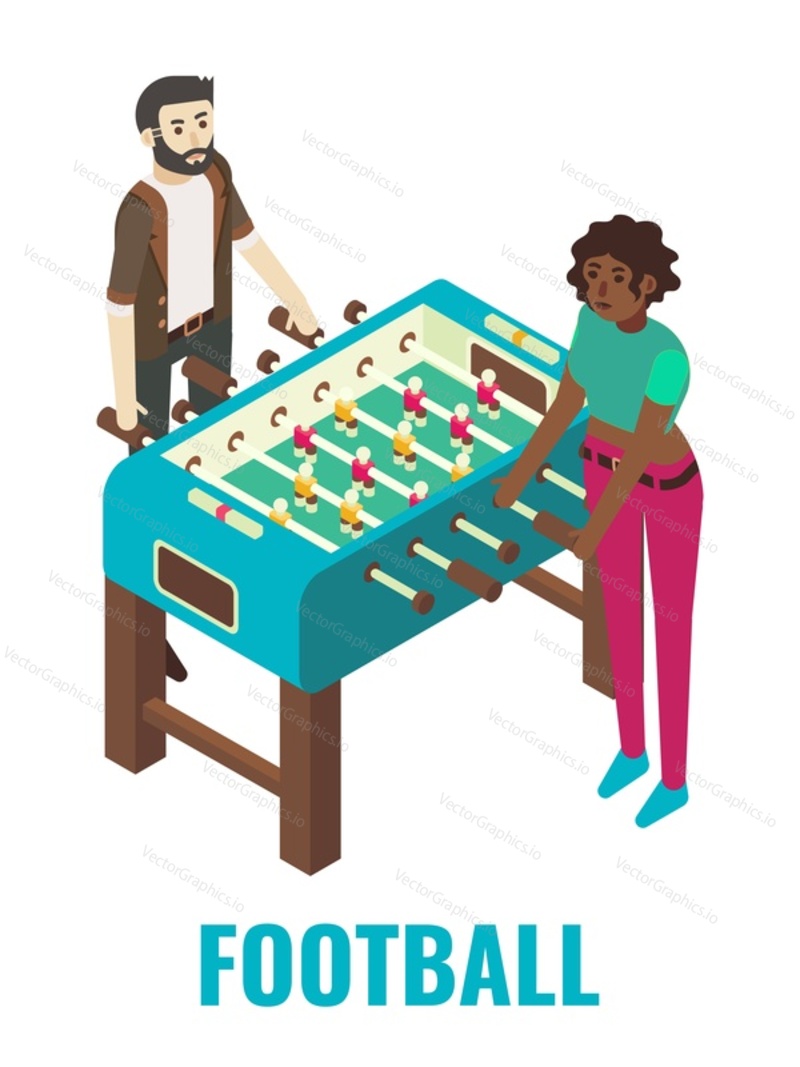 Man and woman playing football table arcade game, flat vector isometric illustration. Game club, room, zone attractions, fun activities, entertainment. Arcade gaming.