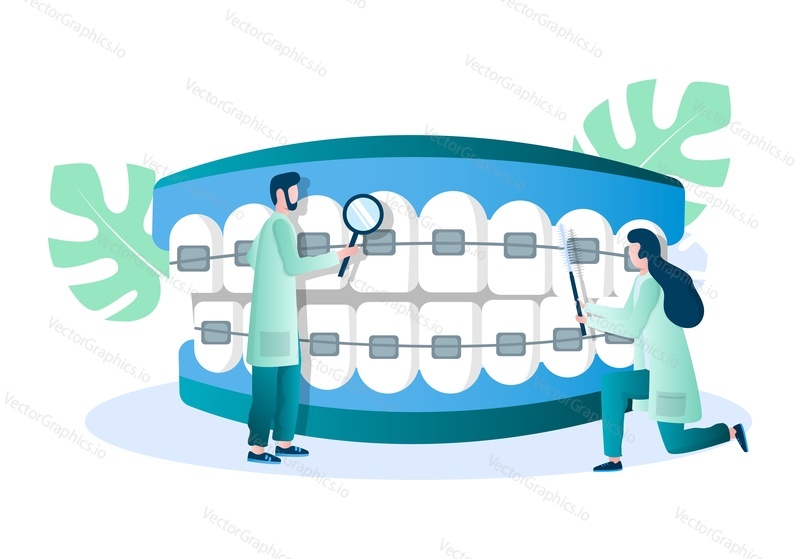 Doctor orthodontist tiny characters examining huge human teeth with braces, flat vector illustration. Dental brackets. Orthodontics, orthodontic treatment, bite correction concept.