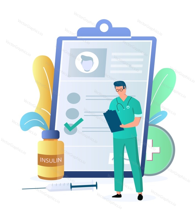 Doctor endocrinologist with patient record clipboard, insulin jar, syringe, flat vector illustration. Diabetes mellitus diagnosis and treatment. Diabetes medication or insulin therapy.