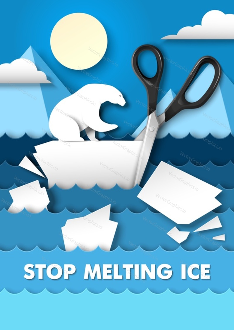 Stop melting ice poster design template. Scissors cutting ice floe with polar bear trying to stop it, vector illustration in paper art style. Global warming problem.