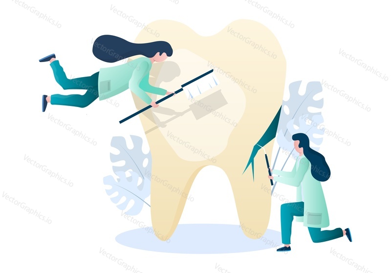Doctor dentist characters cleaning and treating unhealthy human tooth, flat vector illustration. Dentistry, oral health and hygiene.