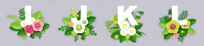 Floral alphabet, vector illustration in paper art style. I, J, K, L English alphabet capital letters with beautiful exotic tropical leaves and flowers.
