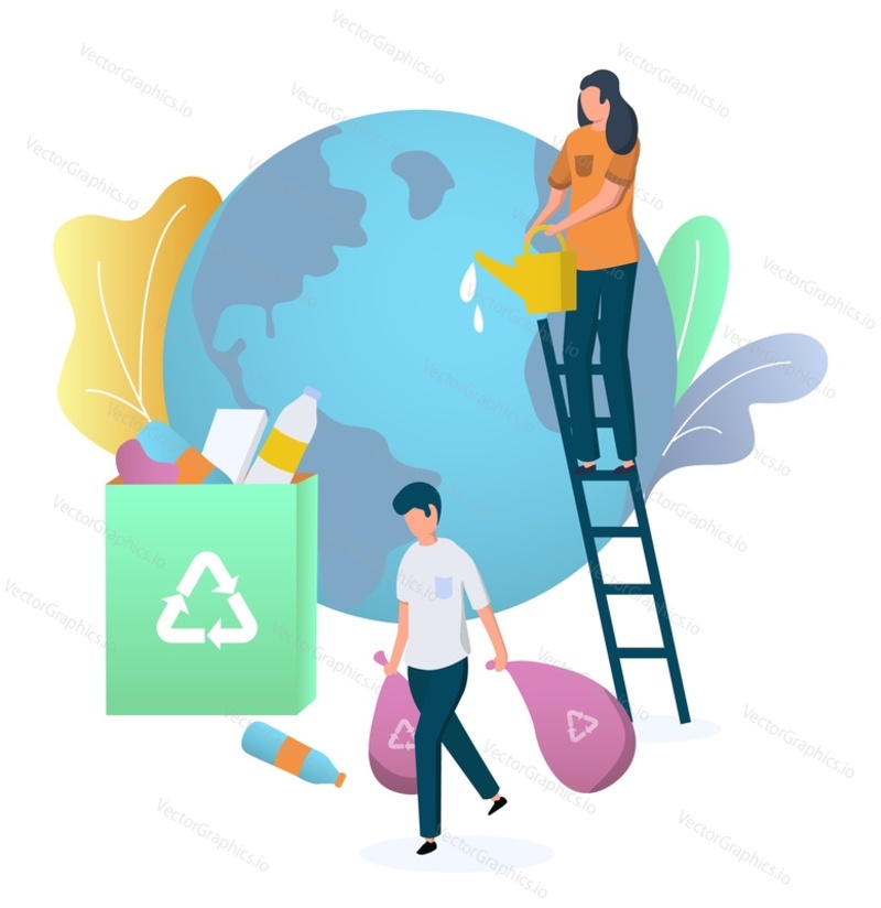 Volunteers cleaning planet Earth globe collecting garbage, watering plants, flat vector illustration. Save planet, environment, ecology, nature protection.