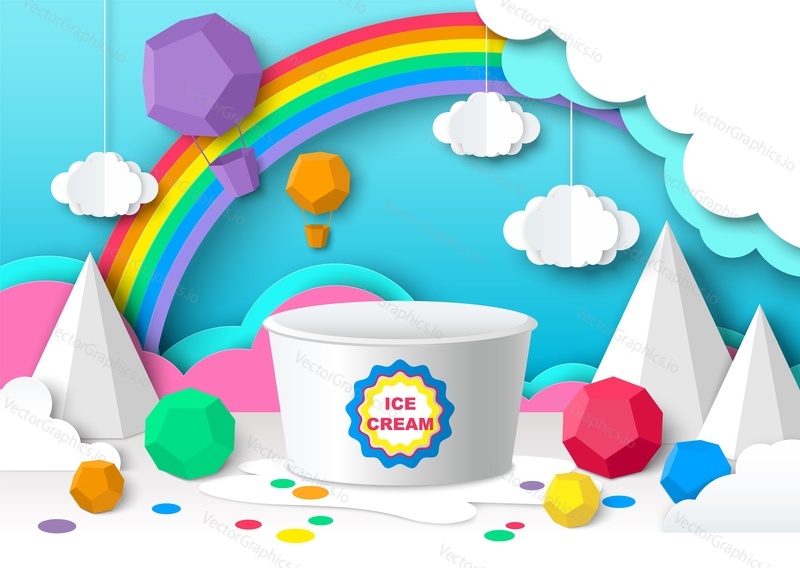 Ice cream packaging plastic bucket, tub, container mockup, paper cut sky with clouds, hot air balloons and rainbow, vector illustration. Natural healthy sweet dessert, dairy food product ads template.