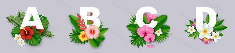 Floral alphabet, vector illustration in paper art style. A, B, C, D English alphabet capital letters with beautiful exotic tropical leaves and flowers.