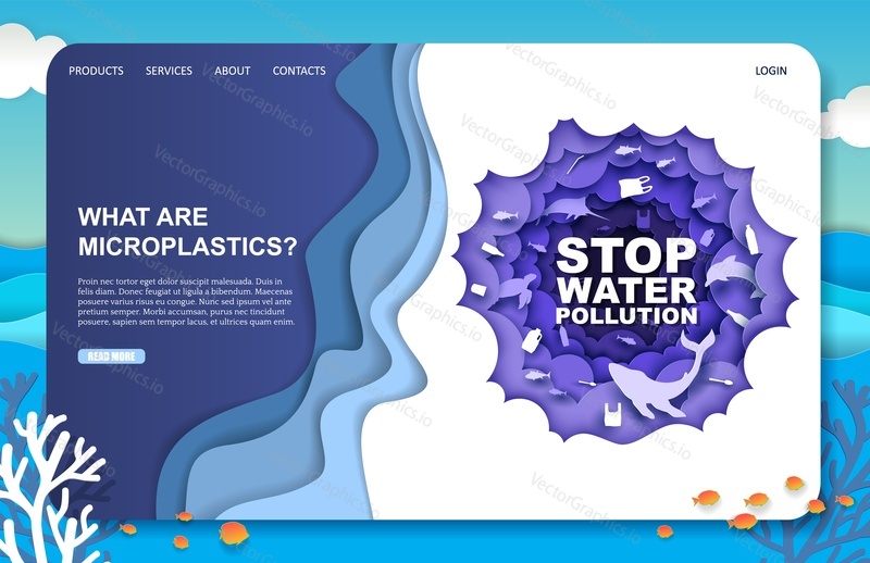 Stop water pollution, landing page design, website banner template, vector paper cut illustration. Harmful impact of microplastic, small pieces of marine debris on ocean water, aquatic life. Ecology.