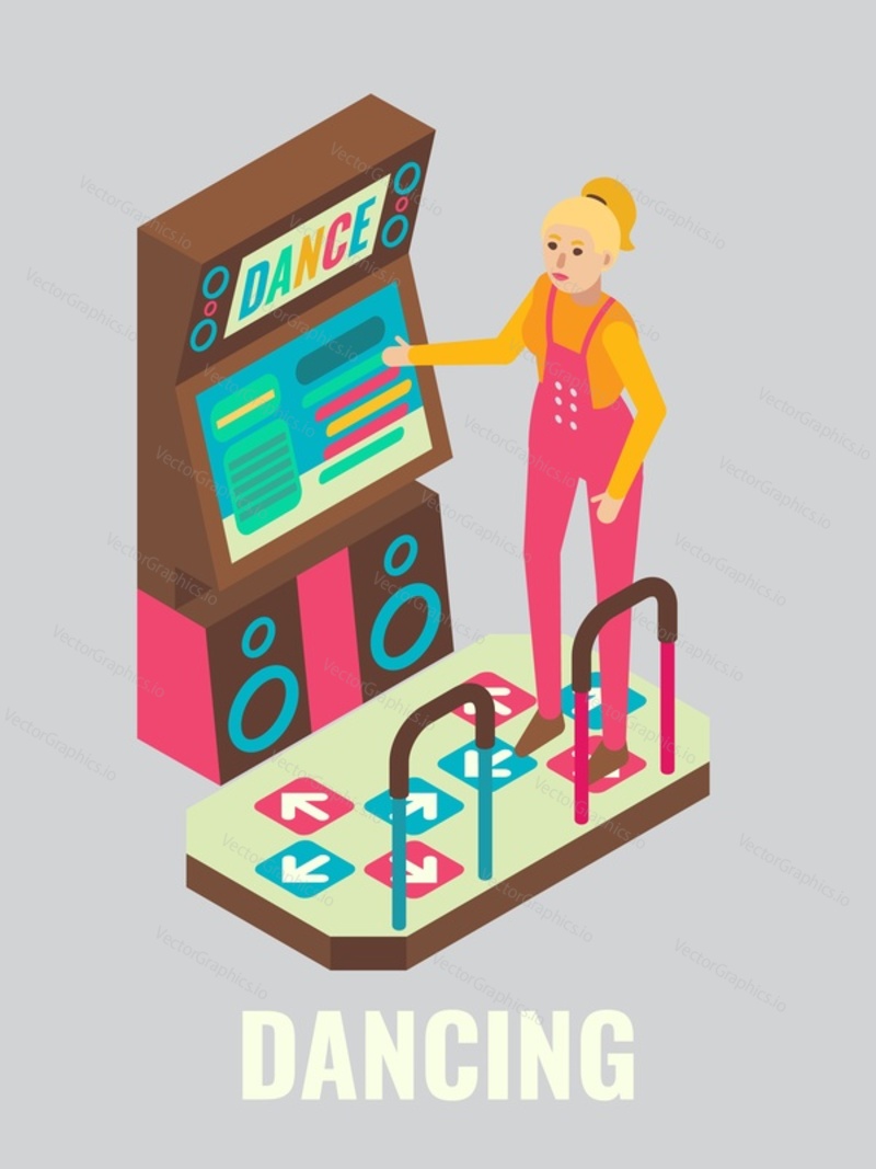 Young woman playing dance arcade game, flat vector isometric illustration. Game club, room, zone attractions, fun activities, entertainment. Arcade gaming.
