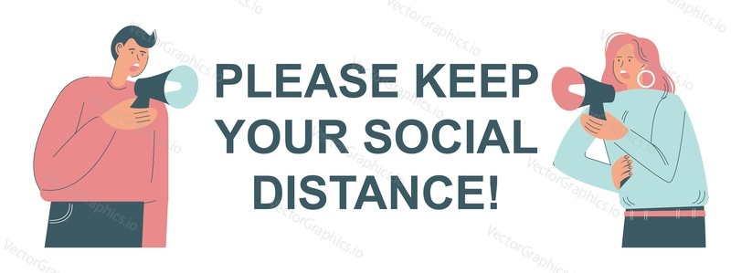 Keep social distance poster, banner design template. People shouting through megaphone, flat vector illustration. Social distancing, new normal, corona virus Covid-19 disease spread prevention.