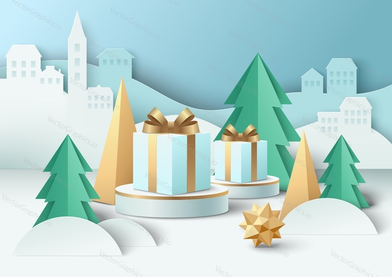 Gift box with golden ribbon and bow mockup set on display podium, paper cut winter background, vector illustration. Happy New Year, Merry Christmas seasonal sale, product pack ads template.
