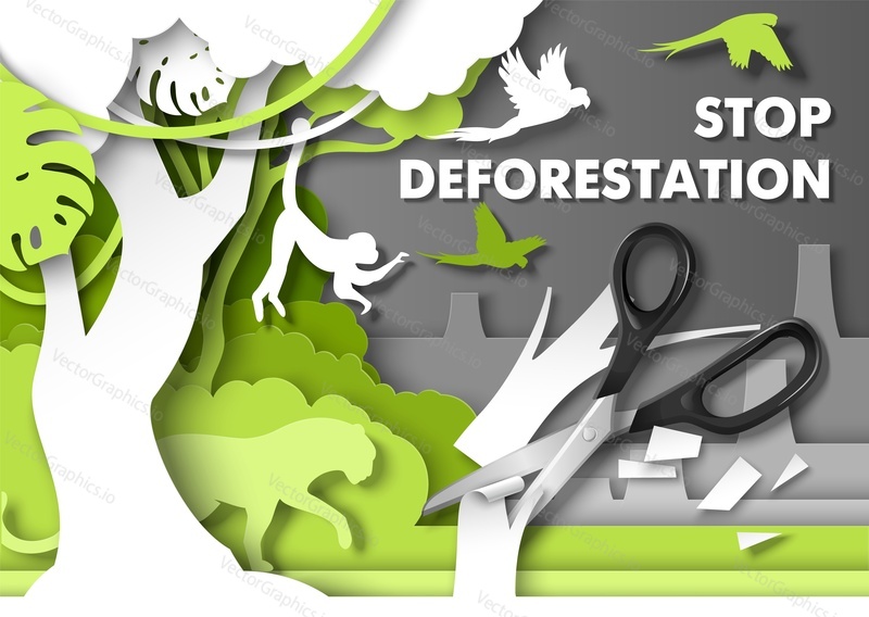 Остановить вырубку лесов плакат, шаблон дизайна баннера. Животные джунглей смотрят на ножницы, вырезающие силуэт дерева. Векторная иллюстрация в стиле бумажного искусства. Спасите тропические леса Амазонки.