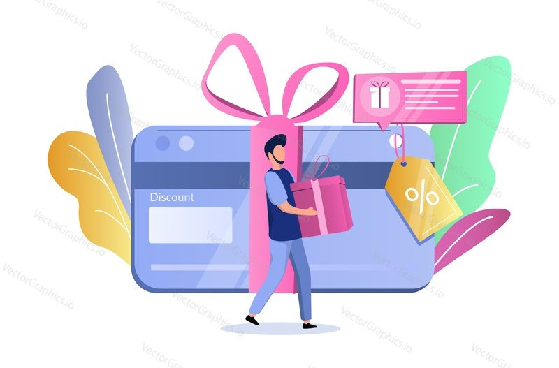 Discount card, man holding gift box, flat vector illustration. Bonus gift card, coupon, voucher, earn reward, redeem gift, perks, loyalty program.