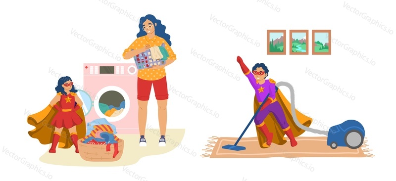 Happy kids helpers in superhero costumes helping mother with laundry and cleaning the house, flat vector illustration. Housekeeping. Kids household chores.