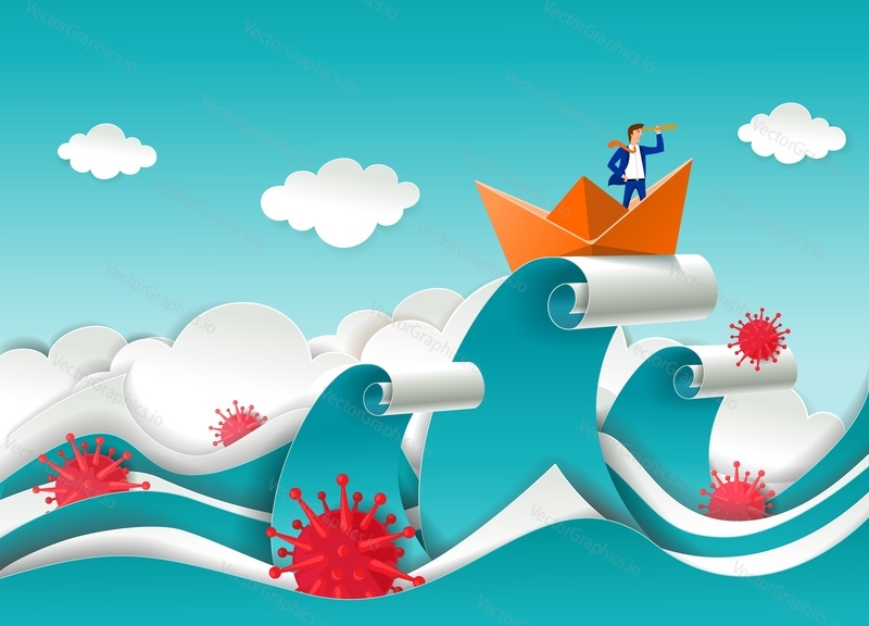 Businessman in boat looking through telescope on the top of ocean wave during crisis caused by corona virus pandemic, vector paper cut illustration. Pandemic business strategy, vision, success.