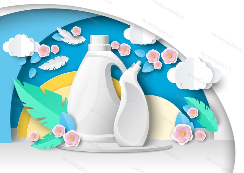 White blank liquid cleaner packaging plastic bottle mockup set on podium, paper cut floral background, vector illustration. Dishwashing liquid, laundry detergent, bleach, etc. Household chemicals ads.