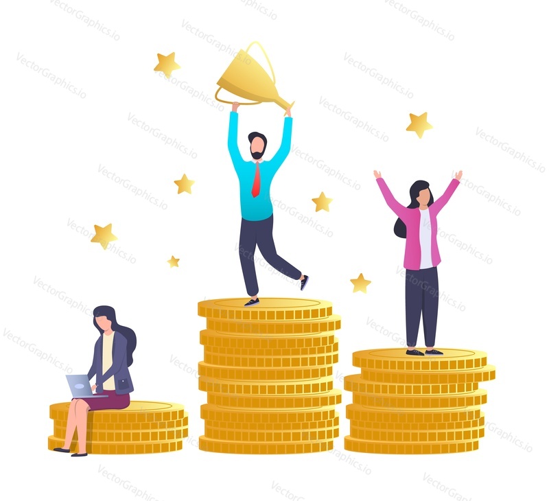 Business team celebrating victory. The best employee on the top of coin pile podium holding trophy award cup, flat vector illustration. Goal achievement, career growth, financial success.
