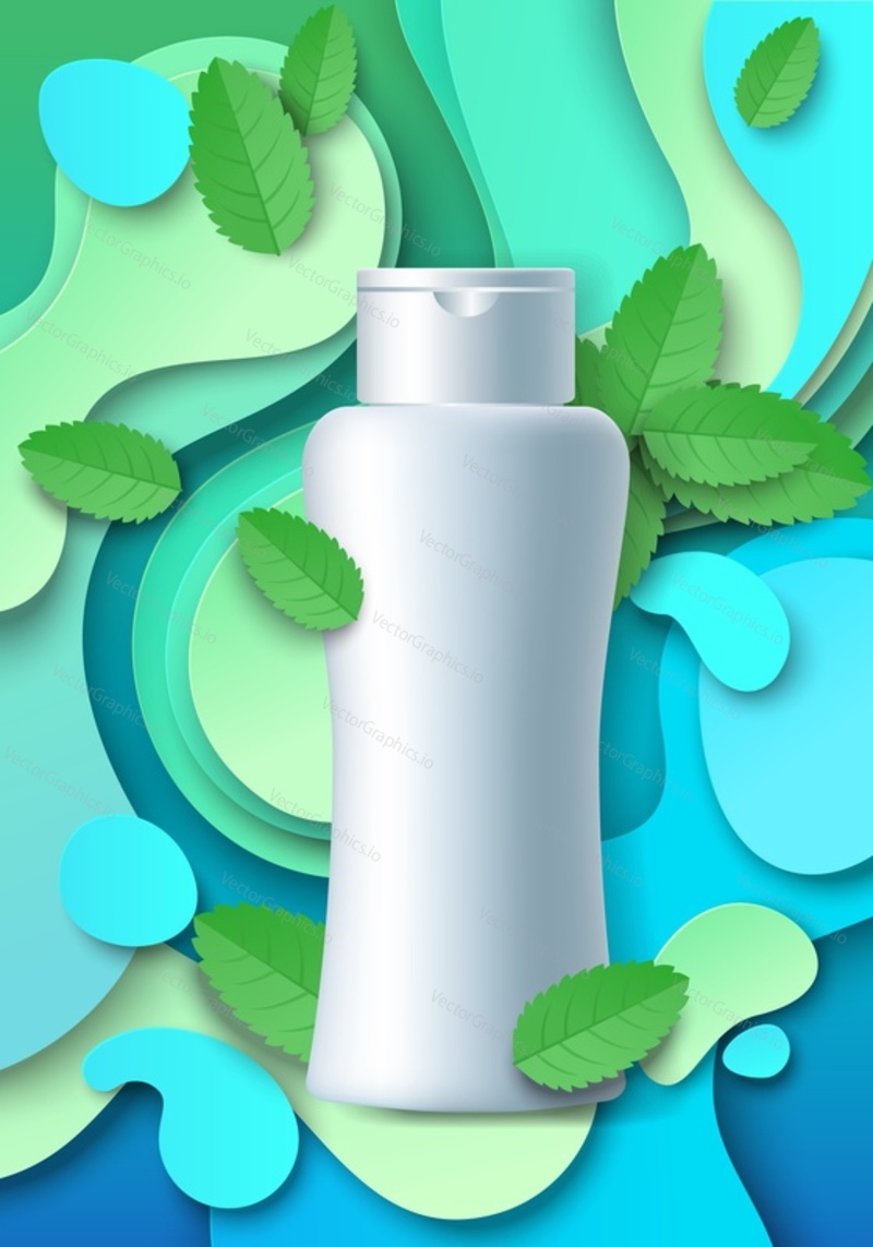 White blank cosmetic bottle mockup, paper cut craft style green mint leaves, splashes, vector illustration. Mint shampoo ads template. Beauty and hair care product.