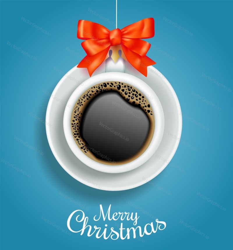 Coffee cup in shape of Christmas tree bauble, vector illustration. Merry Christmas card design template.