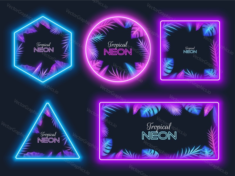 Tropical neon frame set with palm, monstera leaves, vector isolated illustration. Jungle leaves borders, neon light design.