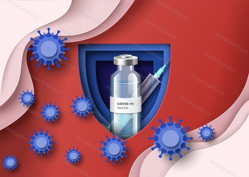 Флакон с вакциной против Covid-19, шприц для инъекций внутри щита, защищающего от коронавирусов, вырезанных из бумаги, векторная иллюстрация. Вакцинация от коронавируса. Кампания иммунизации. Безопасная и эффективная вакцина.
