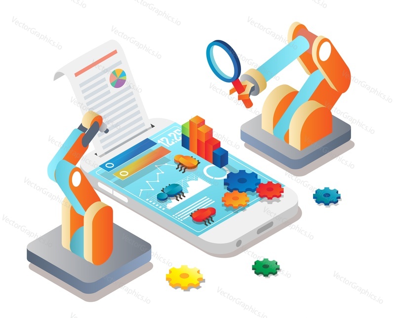 Automated mobile app testing, flat vector isometric illustration. Debugging, quality assurance, mobile test automation.