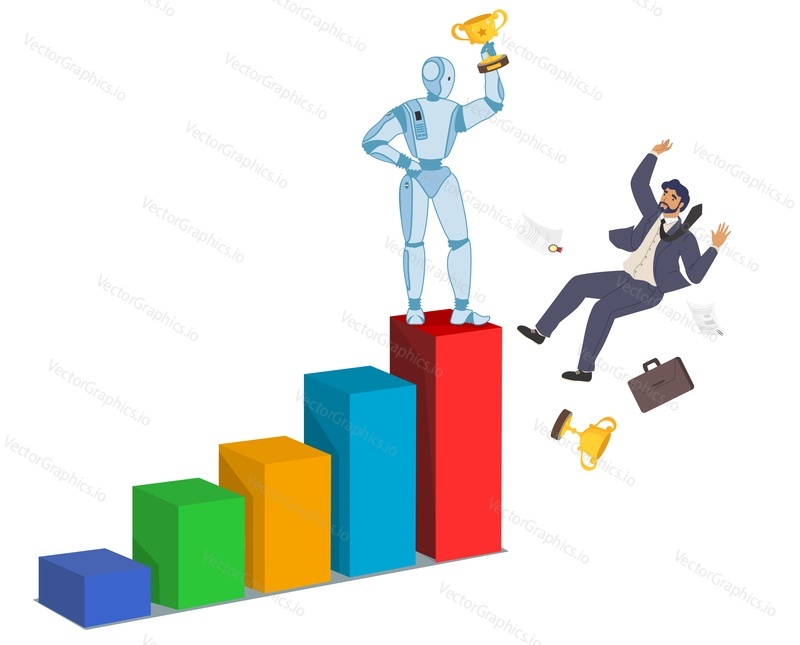 Robot machine winner standing on bar chart top and businessman falling down from it, flat vector illustration. Robot with trophy cup celebrating victory. Artificial intelligence.