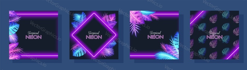 Tropical neon social media stories, social network pages, banners templates, vector illustration. Jungle leaves frames, neon light design.
