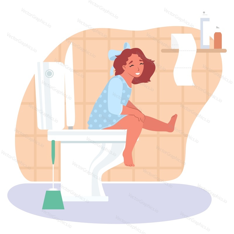Kid girl sitting on toilet bowl, flat vector illustration. Toilet routine.