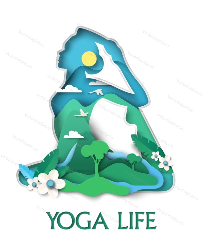 Woman silhouette in yoga pose with nature, vector illustration in paper art style. Spiritual and physical practice. Yoga life poster template.
